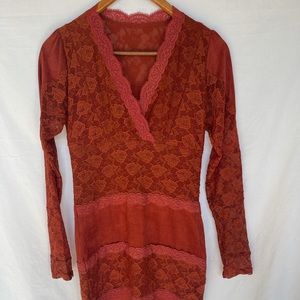 Women’s Red Ginger Long Sleeve Fitted Lace Dress Size S
